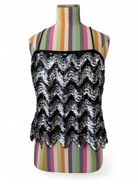 Vintage Sequin Tank Top Zig Zag Hem Silver Black